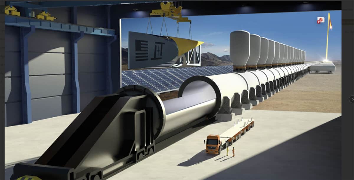 Alameda Post - A render of a huge metal tube that ends in an upward arc. 