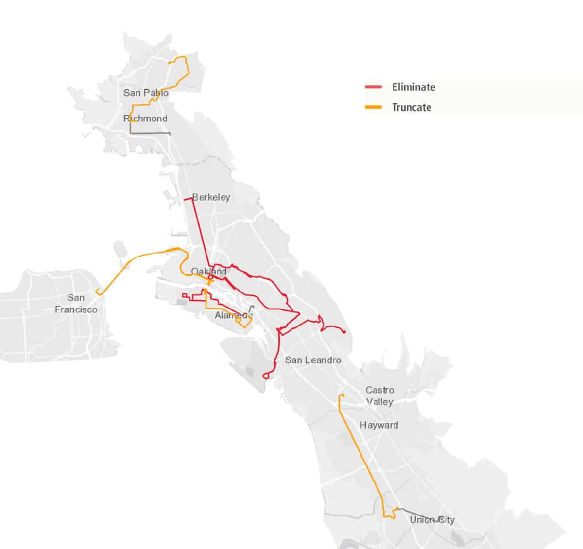 Alameda Post - A map of routes being truncated or eliminated in the East Bay.