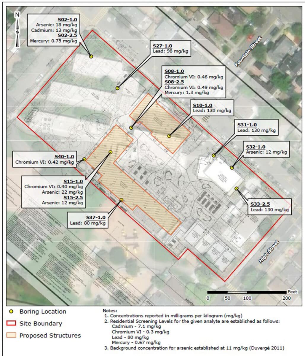 Alameda Post - A site map of Otis School with indications where certain heavy metals were found. 