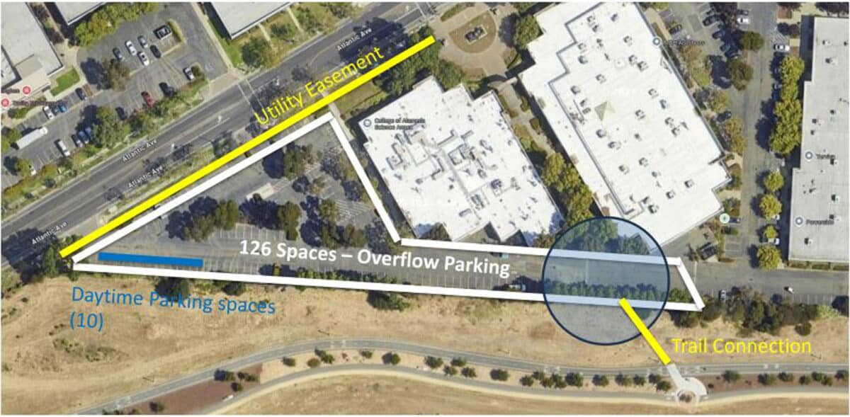 Alameda Post - A bird's eye view photo of a parking lot at the College of Alameda.
