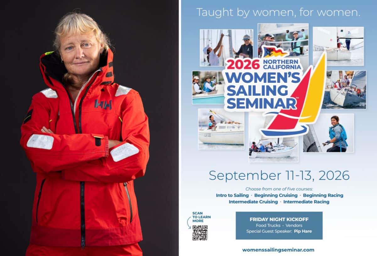 Alameda Post - The poster for the 2026 Women's Sailing Seminar, and a photo of a female sailor decked out in her sailing gear. She has blue eyes and blond hair.