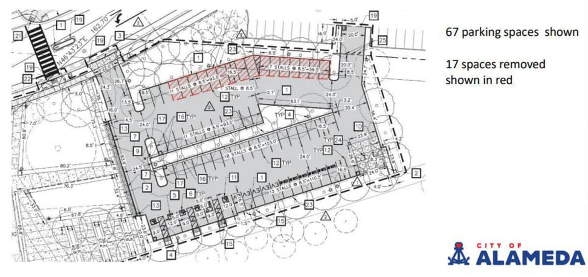 Alameda Post - A diagram of a parking lot for the Aquatic Center with some spaces marked in red to be removed from the plans.
