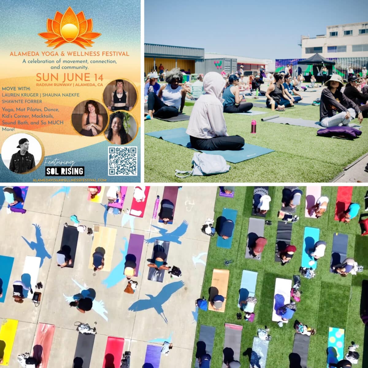 Alameda Post - The poster for the Alameda Yoga and Wellness Festival, and photos from past events on Radium Runway.