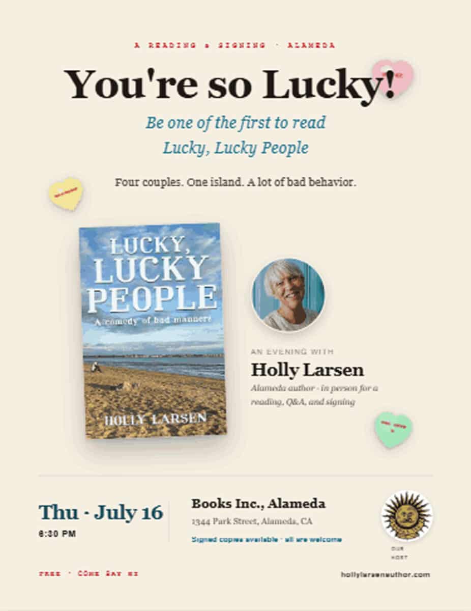 Alameda Post - A poster for a book signing of Lucky Lucky people at Books Inc.
