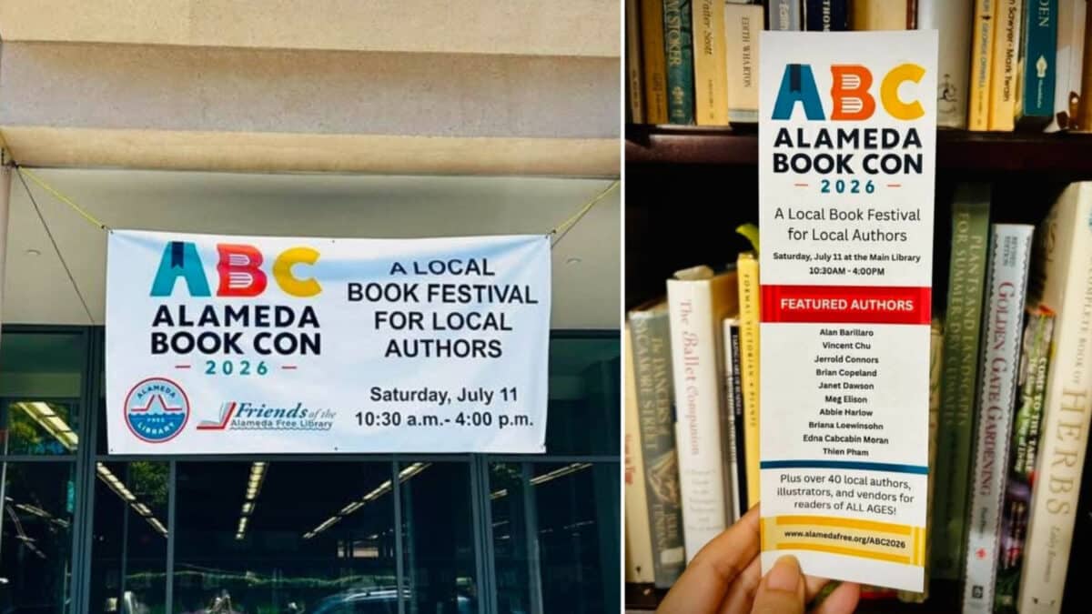 Alameda Post - A hand holds a bookmark in front of a shelf of library books. The bookmark is an advertisement for Alameda Book Con. In another photo, the banner for the convention hangs in front of the library. 