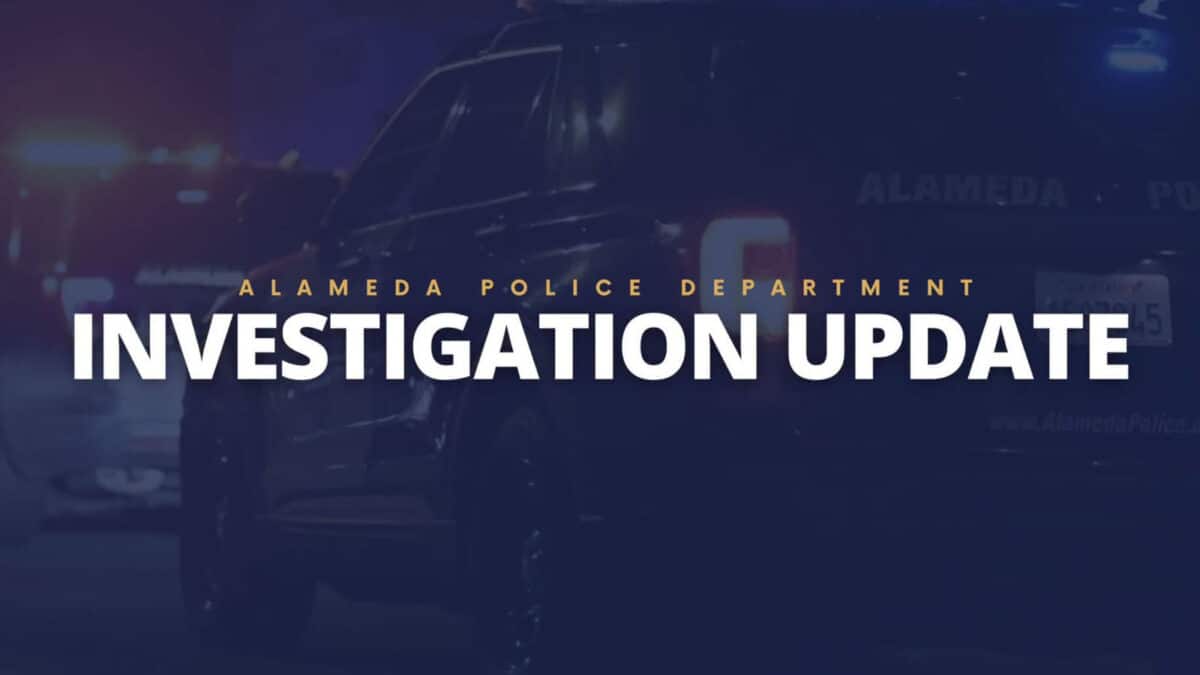 Alameda Post - A graphic with a stylized photo of a police car with flashing lights and text that says "Alameda Police Department Investigation Update."