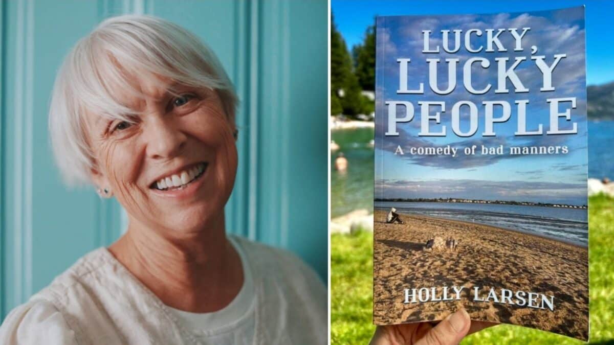 Alameda Post - A headshot of Holly Larsen and a photo of the cover of Lucky Lucky People. 