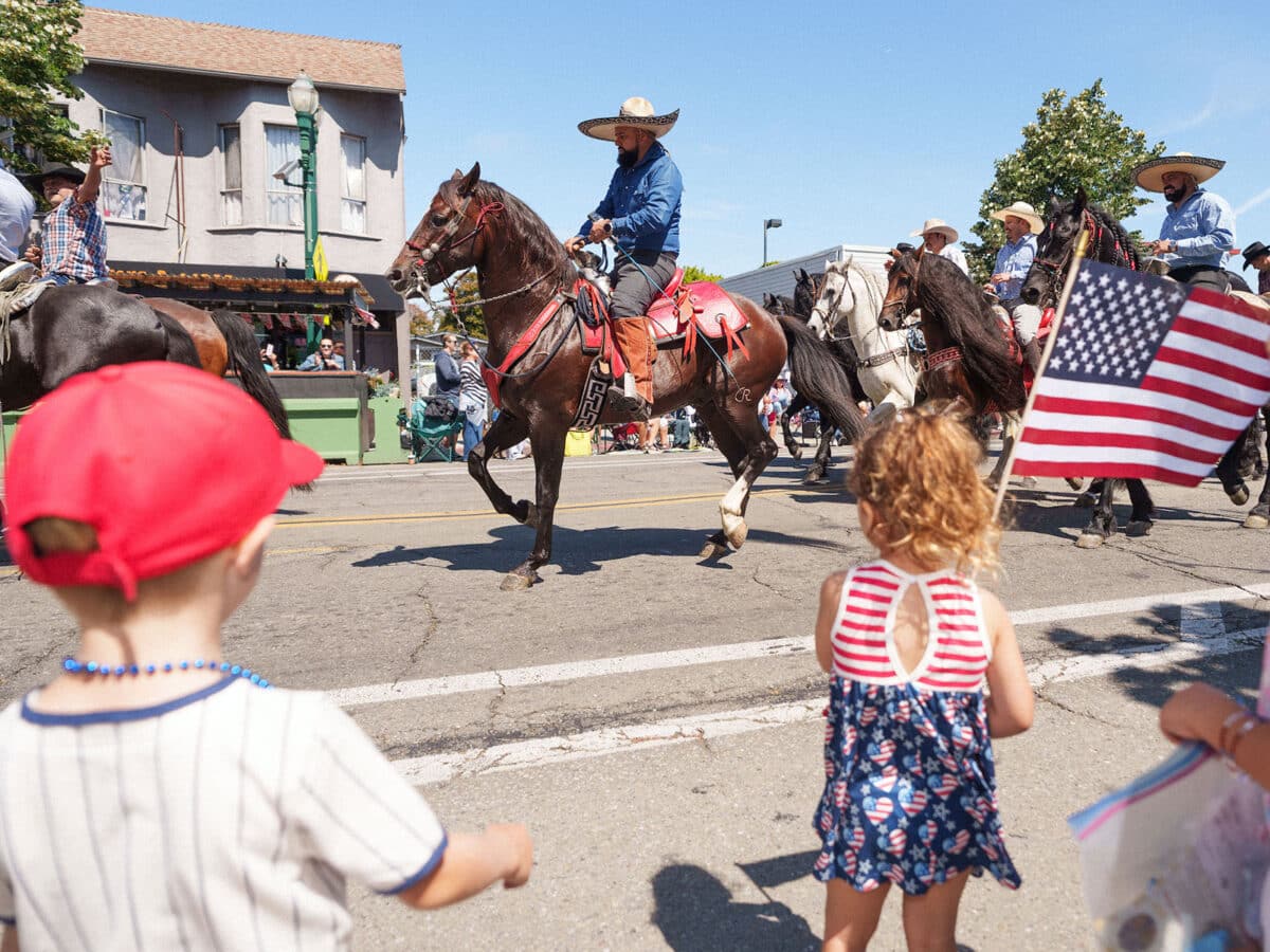Alameda Post - A young girl wearing a red, white, and blue dress waves an American flag while watching horses in the 4th of July parade. 