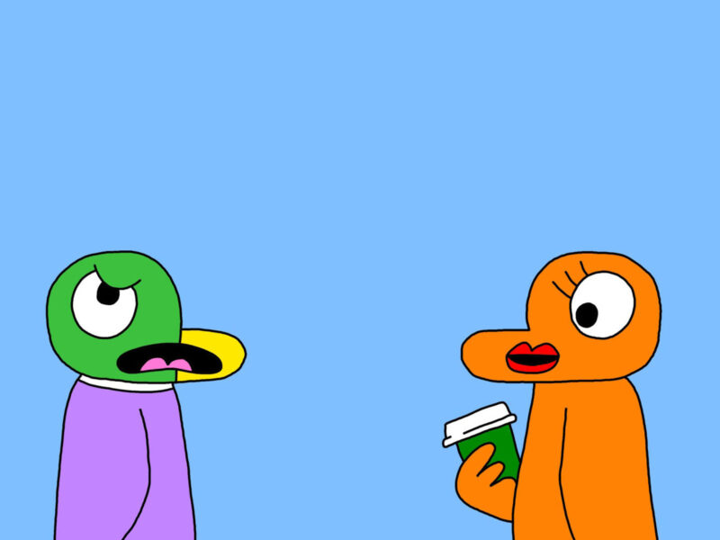 Alameda Post - A pigeon and an orange bird from Two Birds from Alameda talk to one another.