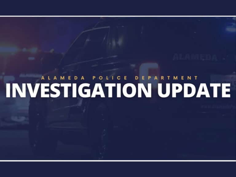 Alameda Post - A graphic with a stylized photo of a police car with flashing lights and text that says "Alameda Police Department Investigation Update."