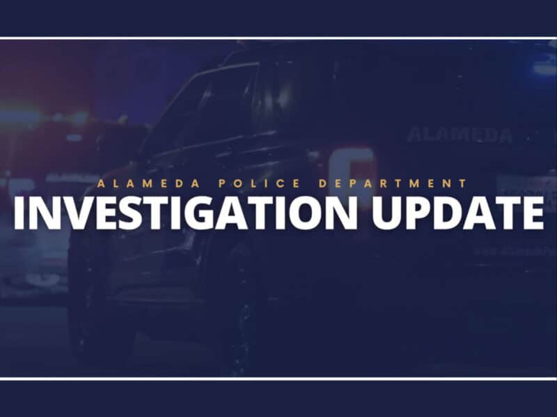 Alameda Post - A graphic with a stylized photo of a police car with flashing lights and text that says "Alameda Police Department Investigation Update."