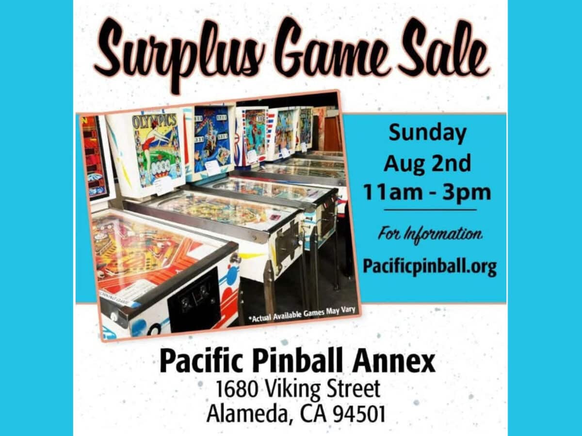 Alameda Post - A poster for the Surplus Game Sale at Pacific Pinball Museum. 