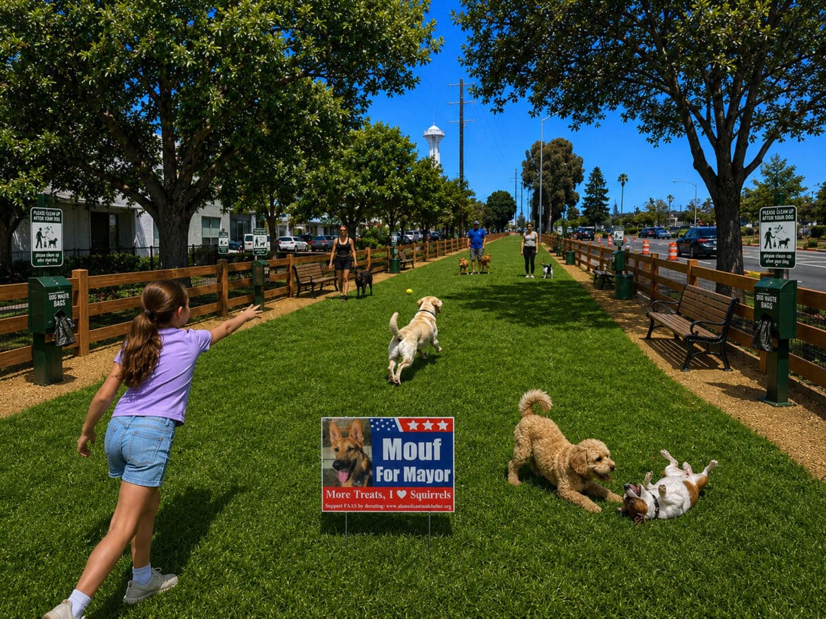 Alameda Post - A render or generated image of a long, skinny, and grassy dog park with people and pets enjoying it.