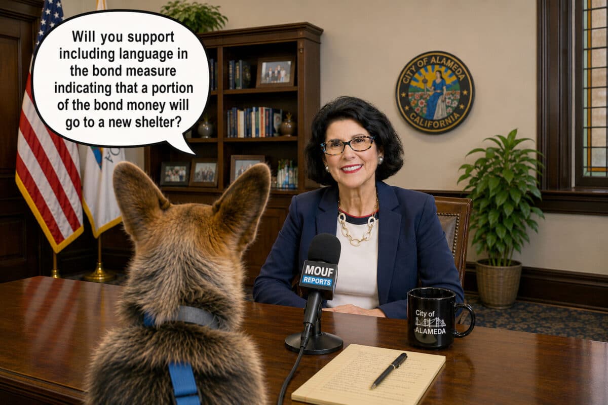Alameda post - A photo of Mayor Ashcraft behind a desk, and a photoshopped dog sitting in front of her. A speech bubble from the dog says "Will you support including language in the bond measure indicating that a portion of the bond money will go to a new shelter?"