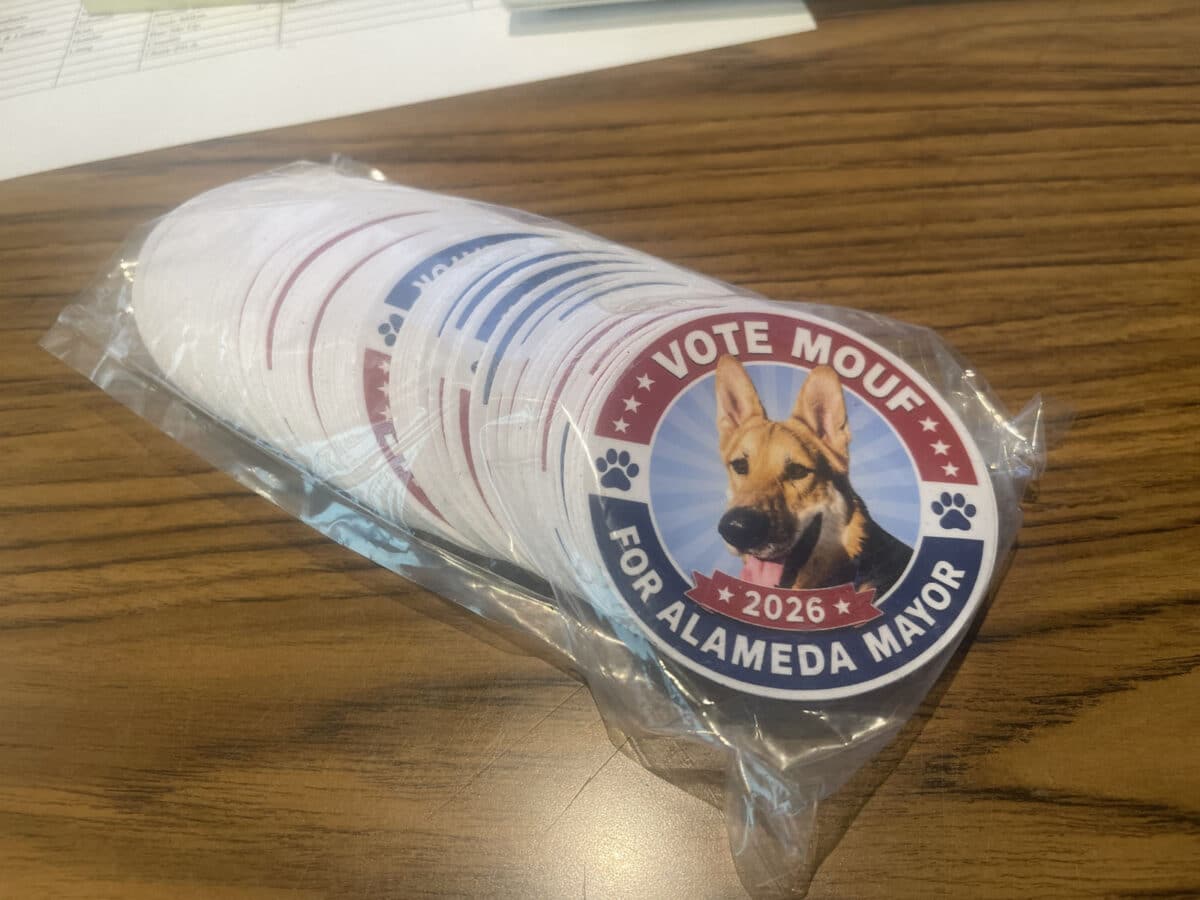 Alameda Post - A sleeve of Mouf for Mayor stickers.