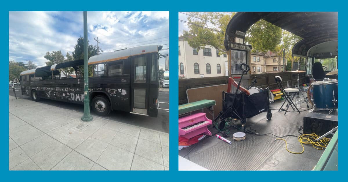 Alameda Post - Photos of a heavily modified school bus that has been turned onto some kind of open air venue or stage with very little roof. Inside there are musical instruments. 