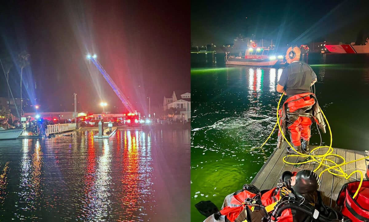 Alameda Post - two photos of Alameda Fire Department water rescue at Grand Street boat ramp, Sunday, June 28, 2026