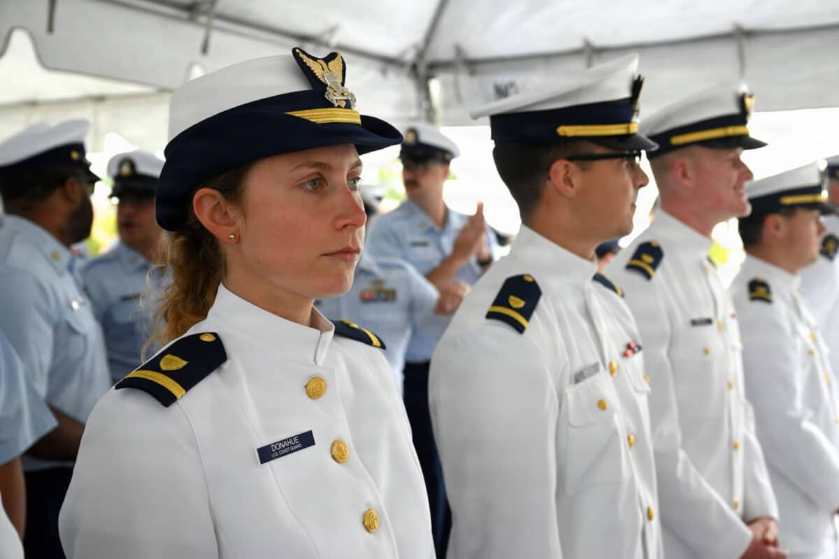 Alameda Post - Rows of Coast Guard members looking forward.