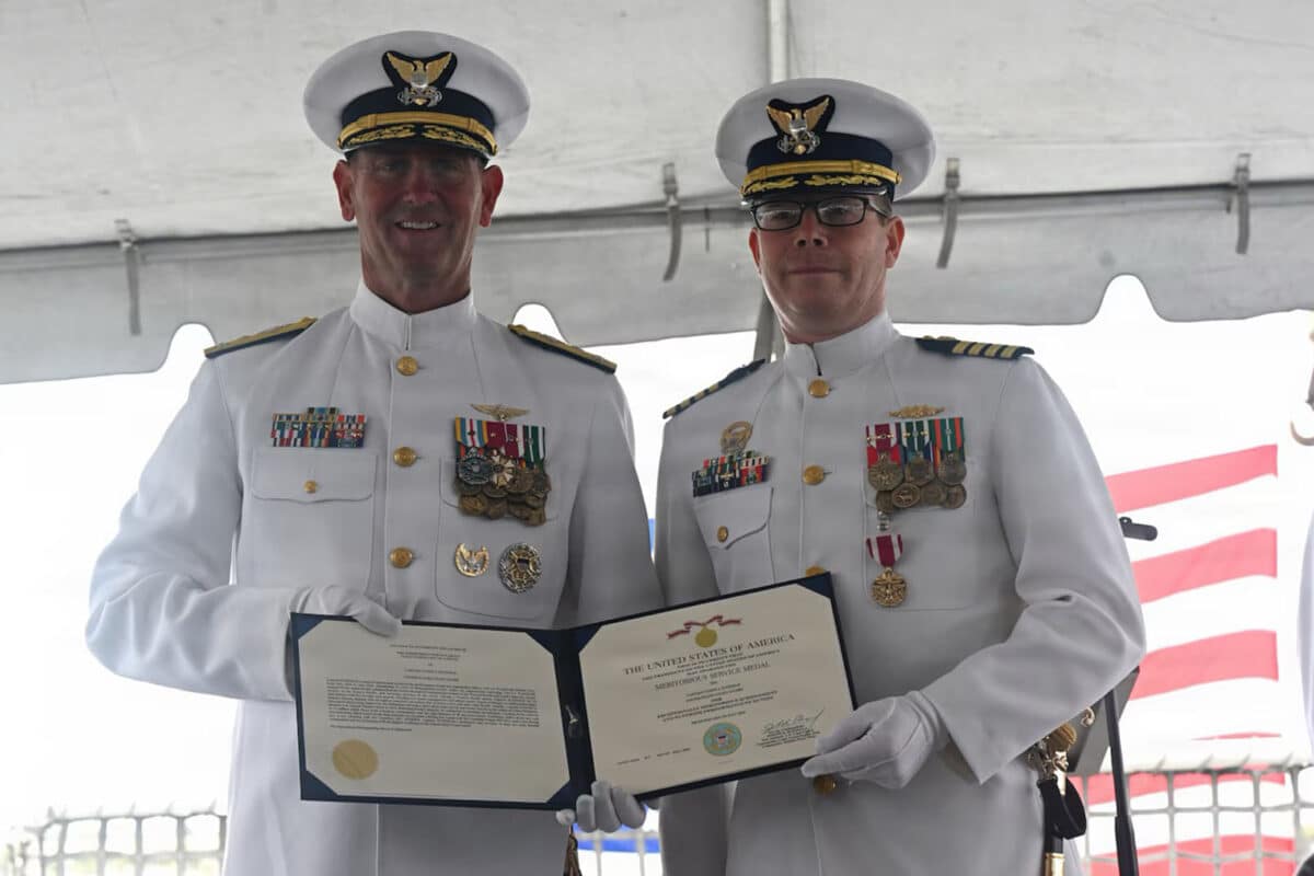 Alameda Post - Photos of three Coast Guard members dressed in white smiling and clasping hands.