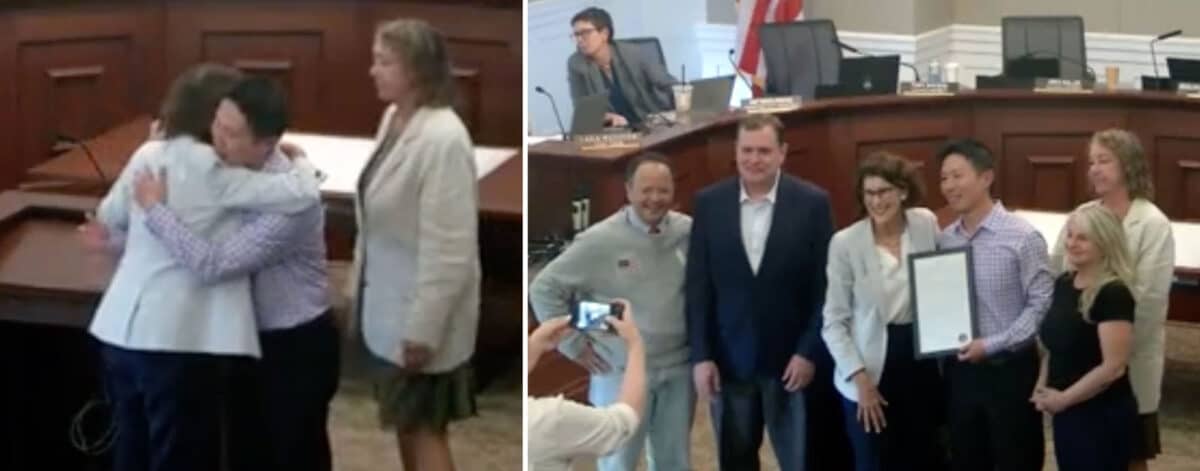 Alameda Post - A screen capture of City Council standing around City Attorney Yibin Shen who holds some kind of award or acknowledgement. In another photo, the mayor hugs Shen. 
