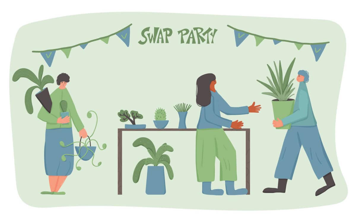 Alameda Post - A drawing of three people carrying plants and words that say Swap Party overhead. 