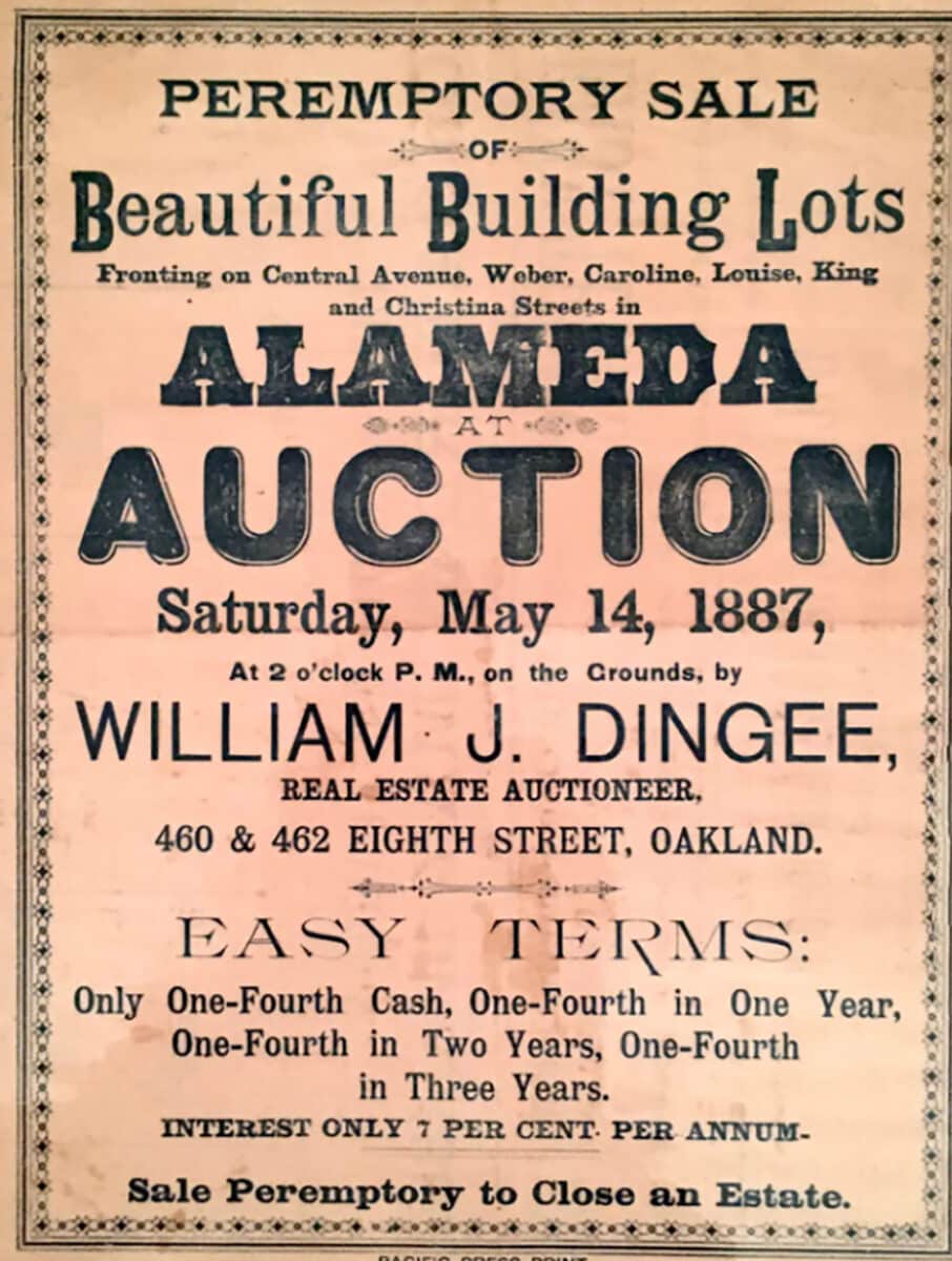 Alameda Post - An old newspaper advertisement says "Peremptory Sale Beautiful Building Lots, Alameda Auction."