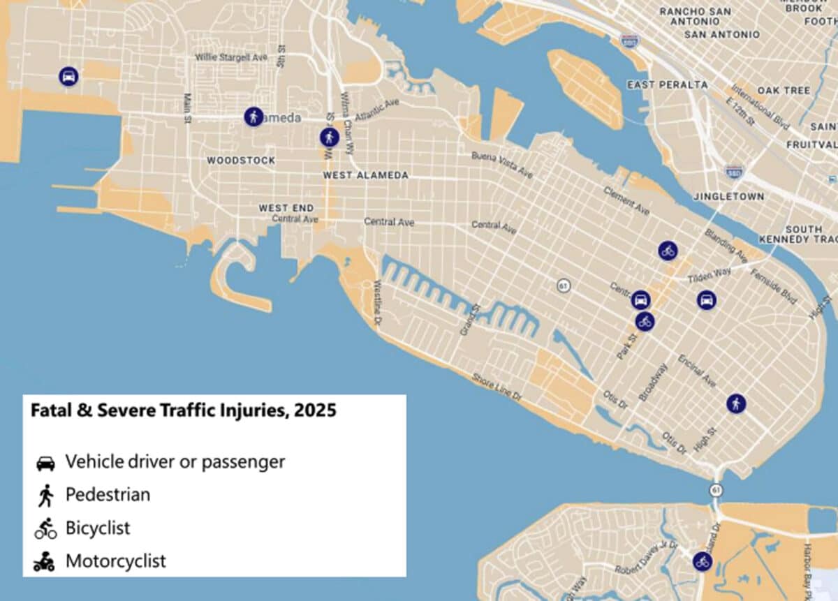 Alameda Post - A map of Alameda with indications of where fatal or serious injury crashes occured.