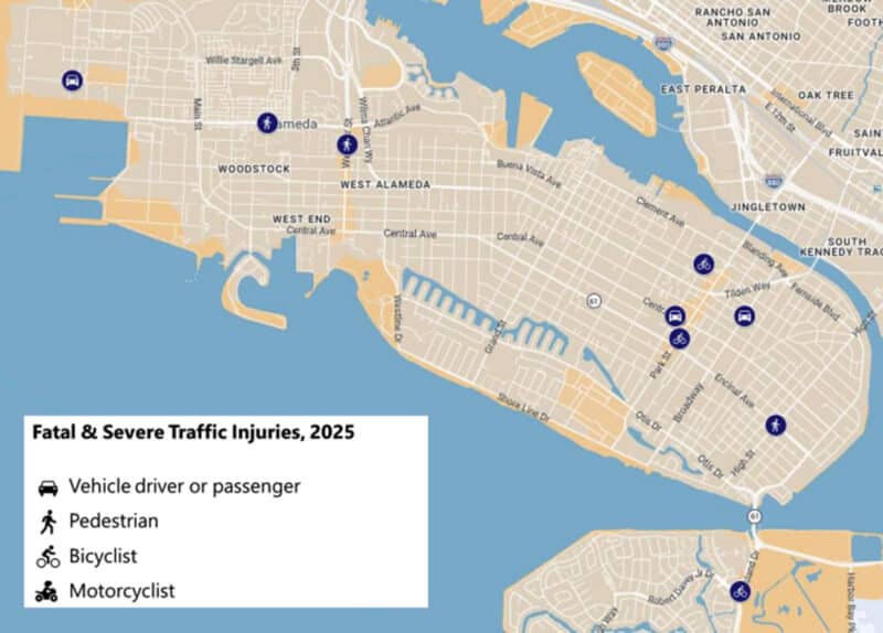 Alameda Post - A map of Alameda with indications of where fatal or serious injury crashes occured.