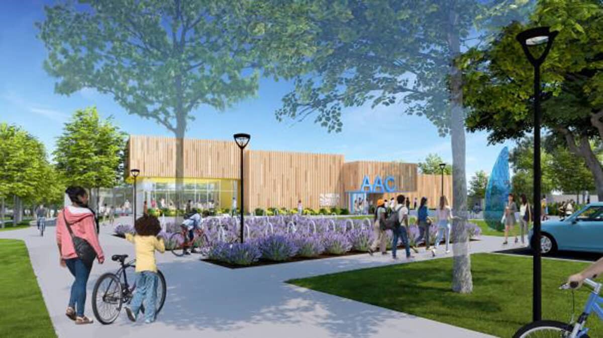 Alameda Post - A render of the outside entrance to the new aquatic center. 