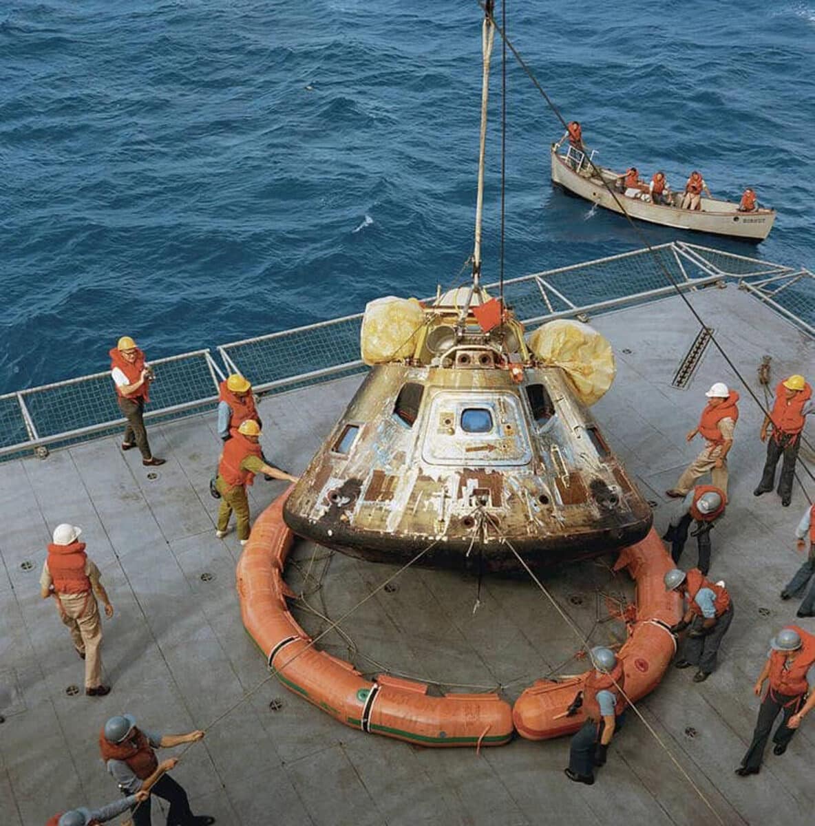 Alameda Post - Historic Photos of the Apollo 11 Splashdown with the capsule pulled onto deck.