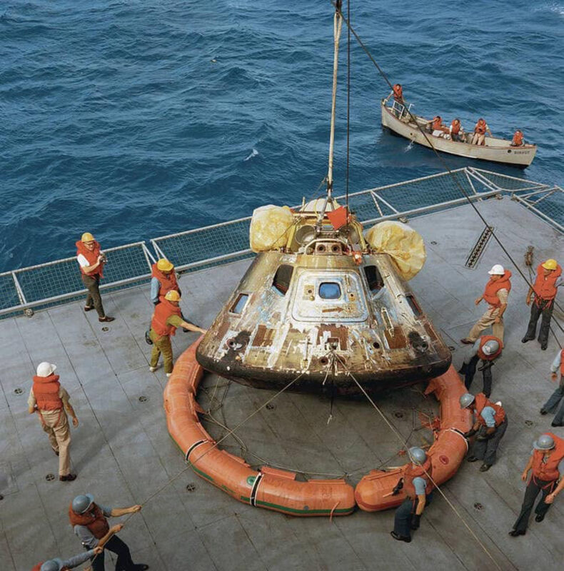 Alameda Post - Historic Photos of the Apollo 11 Splashdown with the capsule pulled onto deck.