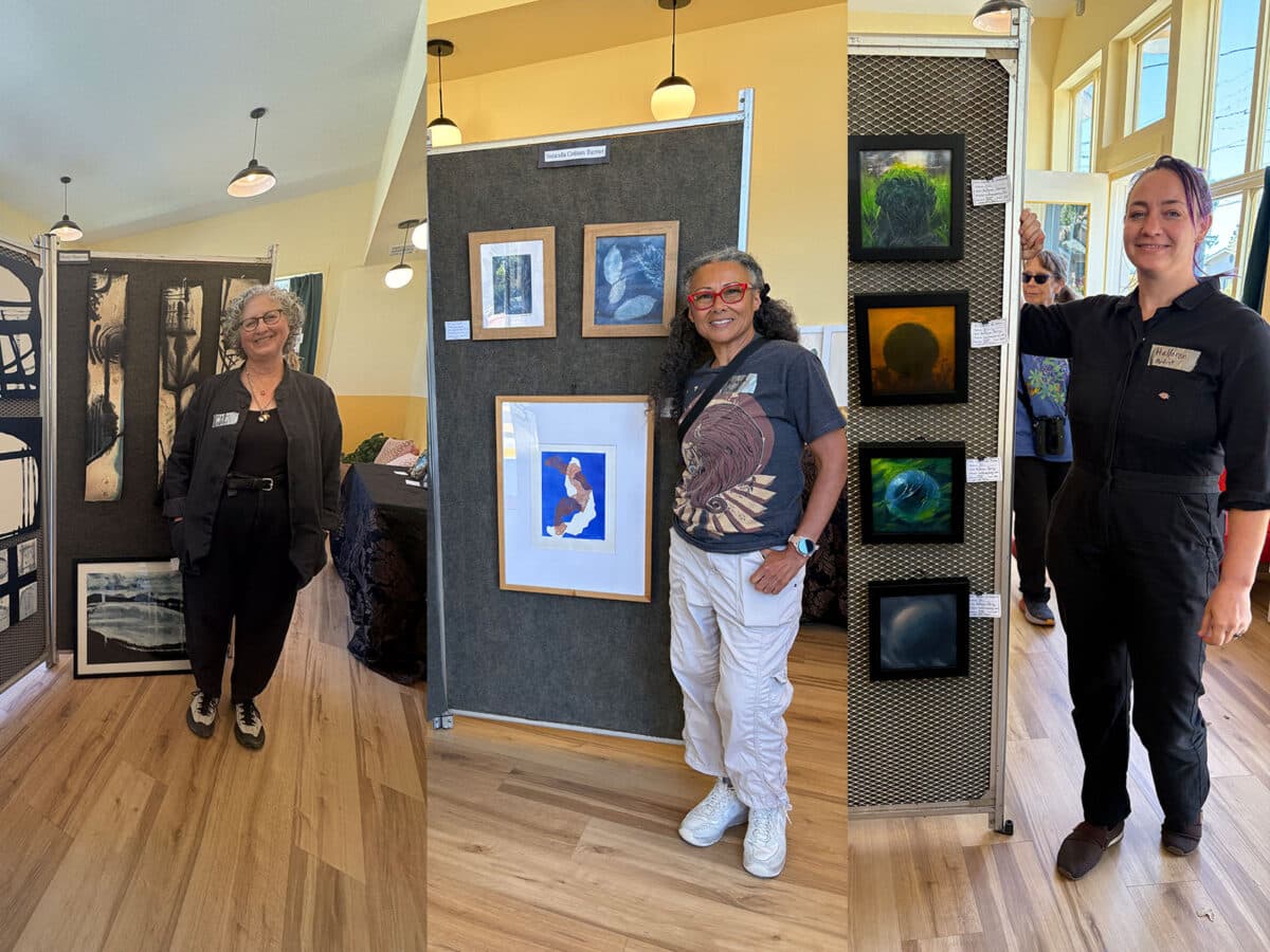 Alameda Post - three photos of artists standing next to their artworks