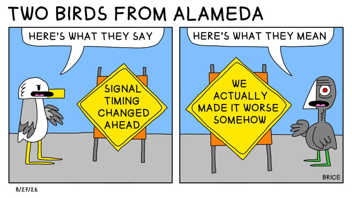 Alameda Post - Two Birds from Alameda for August 27, 2026. First panel: Seagull stands in front of a road sign that says "Signal Timing Changed Ahead." Seagull says, "Here's what they say." Second panel: Old Cool stands next to a road sign and says, "Here's what they mean." The road sign says "We actually make it worse somehow."