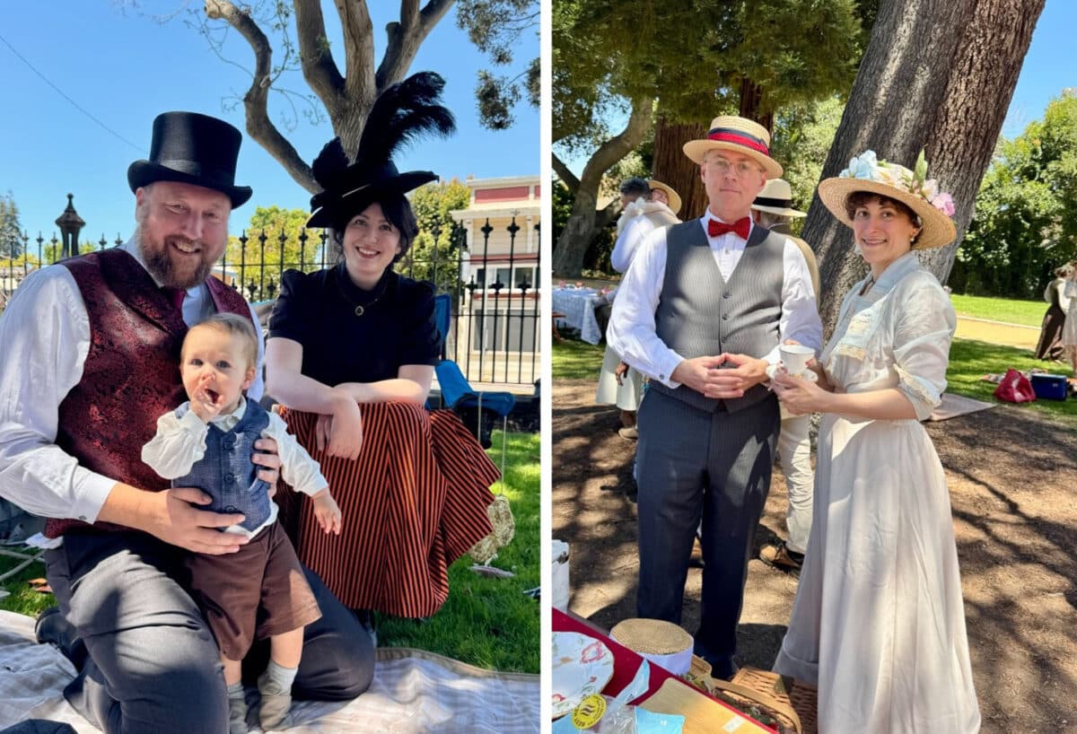 Alameda Post - A family with a toddler and a couple smile in their costumes at Lincoln Park. 
