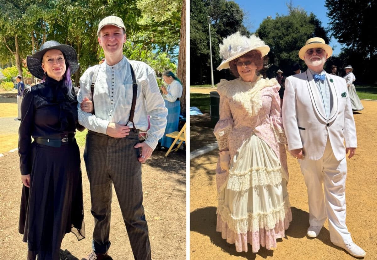 Alameda Post - Two couples stand and smile in Edwardian garb. 