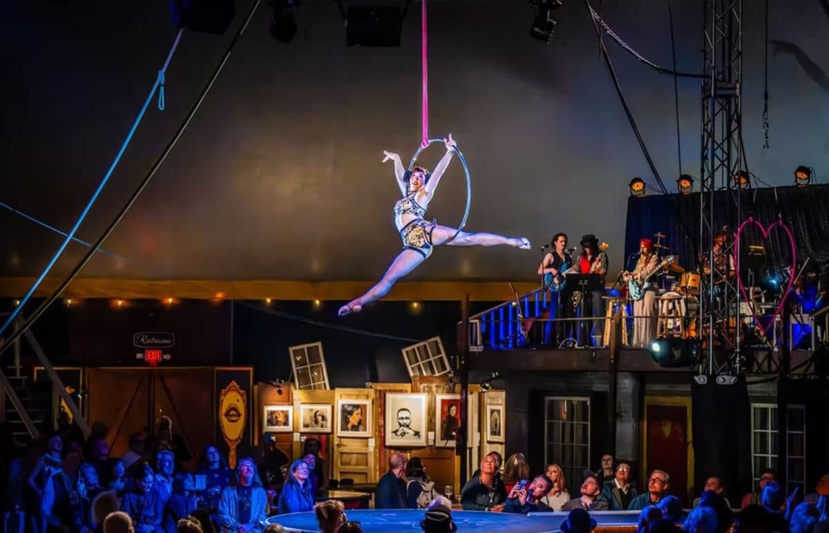 Alameda Post - An aerialist performs above a crowd. 