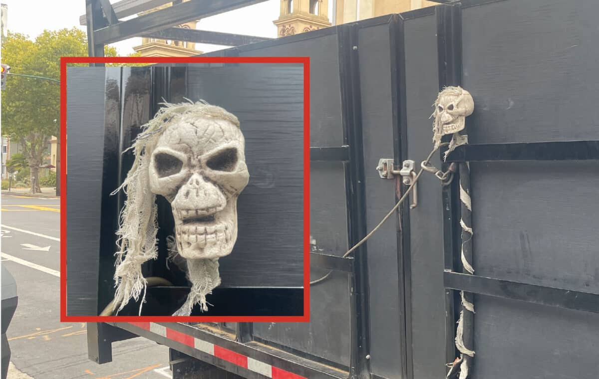 Alameda Post - A skull tied on the side of a trailer.