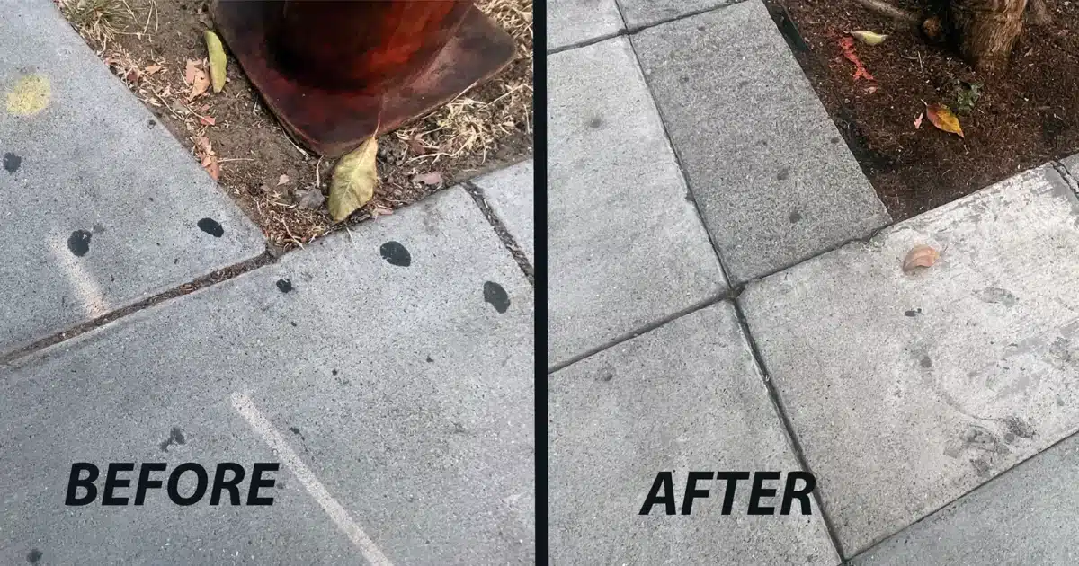 Alameda Post - two views of a sidewalk before and after gum is cleaned off it