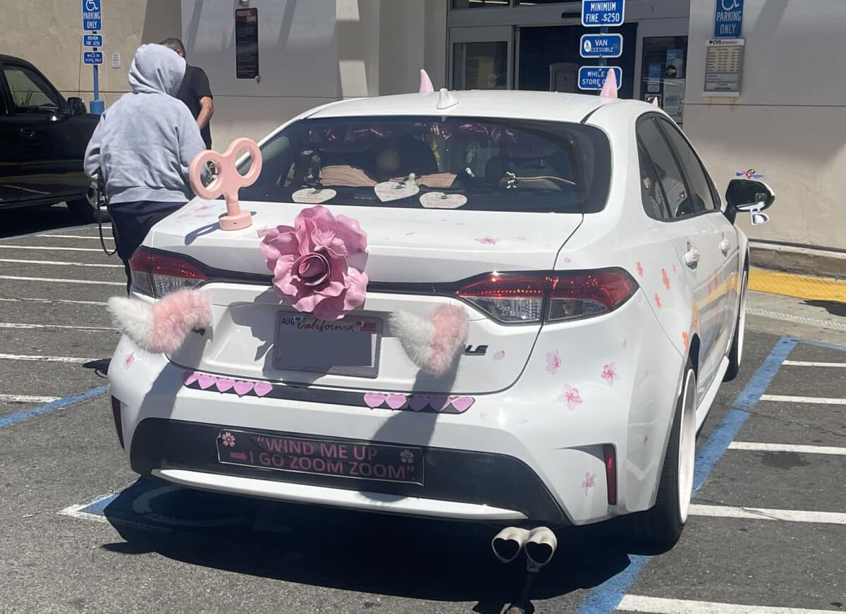 Alameda Post - A car with flowers, fuzzy wings, and a large pretend wind up handle. A bumper sticker says, "Wind me up. I go zoom."