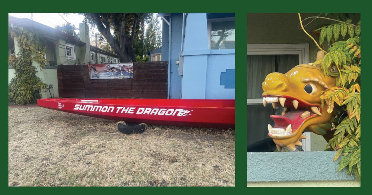 Alameda Post - A dragon boat in someone's front yard. It says Summon the Dragon and has a Dragon head.