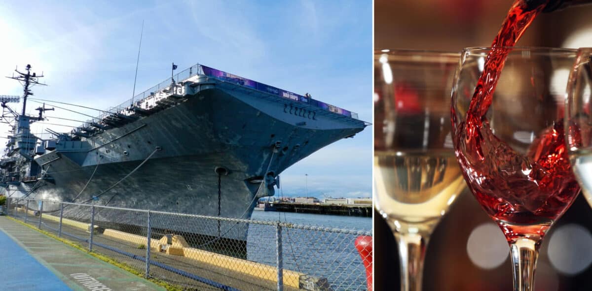 Alameda Post - A photo of the U.S.S. Hornet and a glass of wine being poured.