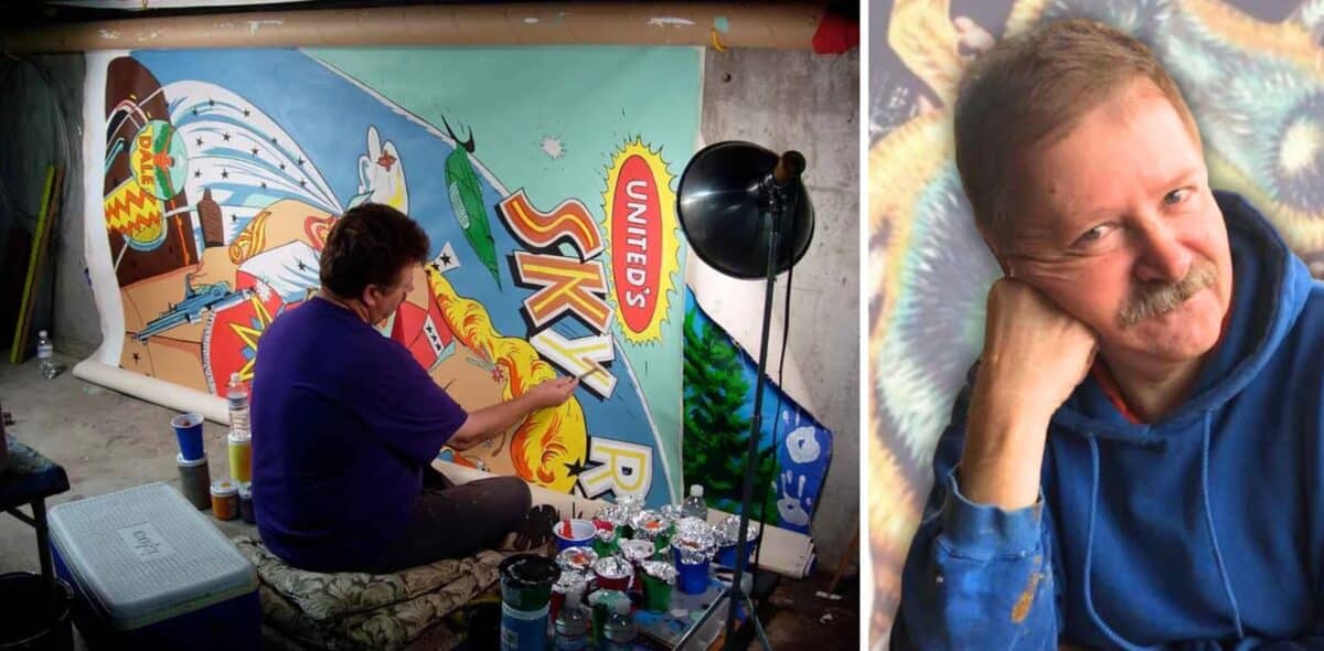 Alameda Post - Dan Fontes working on a mural, and Dan Fontes smiling at the camera in a hoodie covered with paint. 