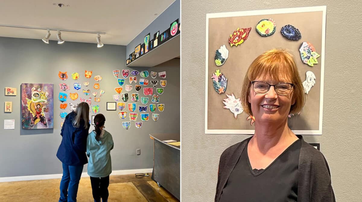 Alameda Post - A photo of two people looking at artwork displayed on a wall, and a photo of a smiling woman, Pam Riley Chang.