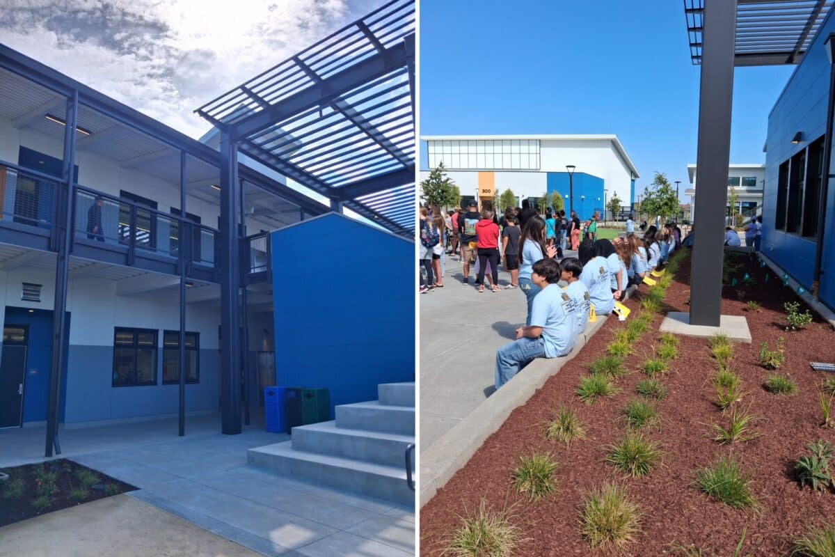 Alameda Post - A multi story building, and a crowd in a courtyard.