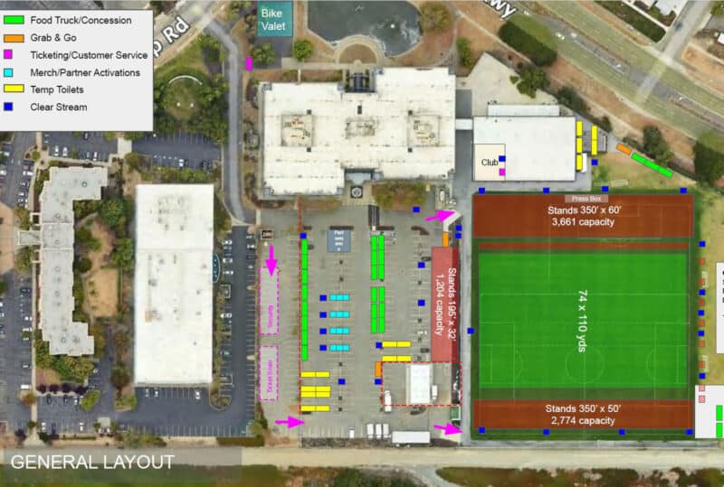 Alameda Post - A map of the proposed stadium setup for professional soccer matches on Bay Farm Island.