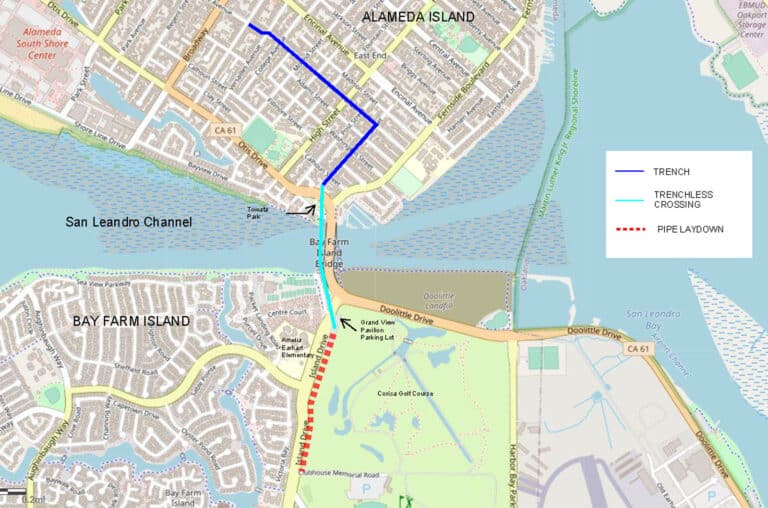 Alameda Post - A map of the San Leandro Channel Crossing Pipeline Project in Bay Farm and Alameda.