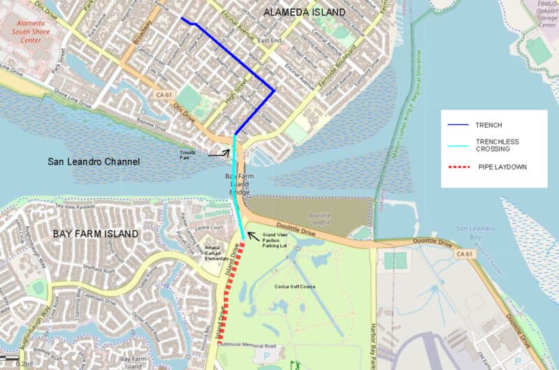 Alameda Post - A map of the San Leandro Channel Crossing Pipeline Project in Bay Farm and Alameda.