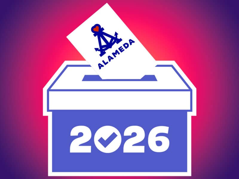 Alameda Post - A graphic of a ballot box with a piece of paper with an Alameda logo going into it.