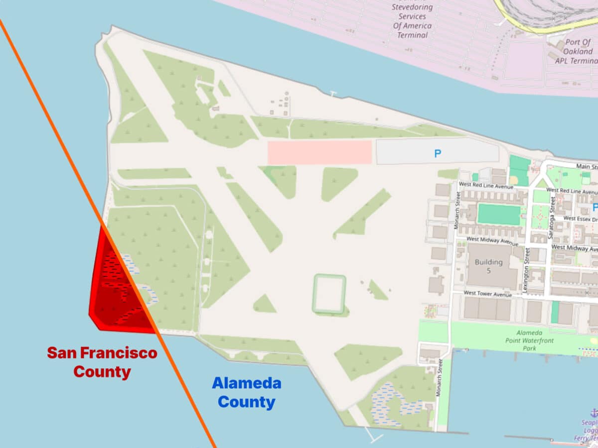 Alameda post - A map of the county lines in Alameda. San Francisco County includes a small corner of Alameda Point.
