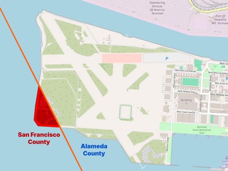 Alameda post - A map of the county lines in Alameda. San Francisco County includes a small corner of Alameda Point.